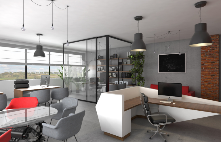 Wnętrza biura ze szklaną ścianą, ladą recepcyjną oraz stołem konferencyjnym zaprojektowany przez architekta wnętrz z wrocławiego Faber.studio.