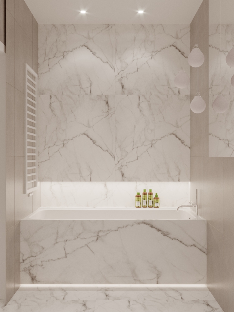 Wielkoformatowe płytki w kolorze marmuru carrara w łazience