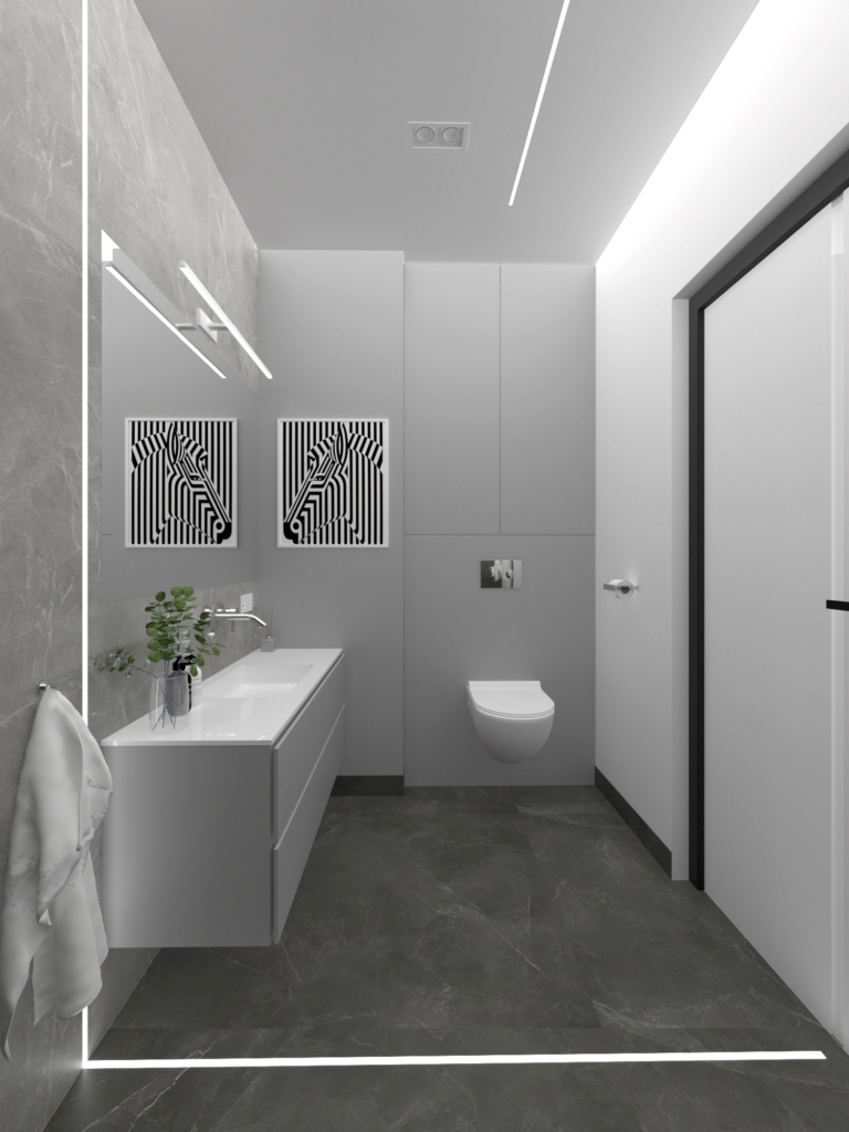 Stelaż WC zabudowany płytą meblową w łazience
