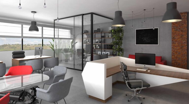 Projekt biura w stylu industrialnym dla firmy motoryzacyjnej