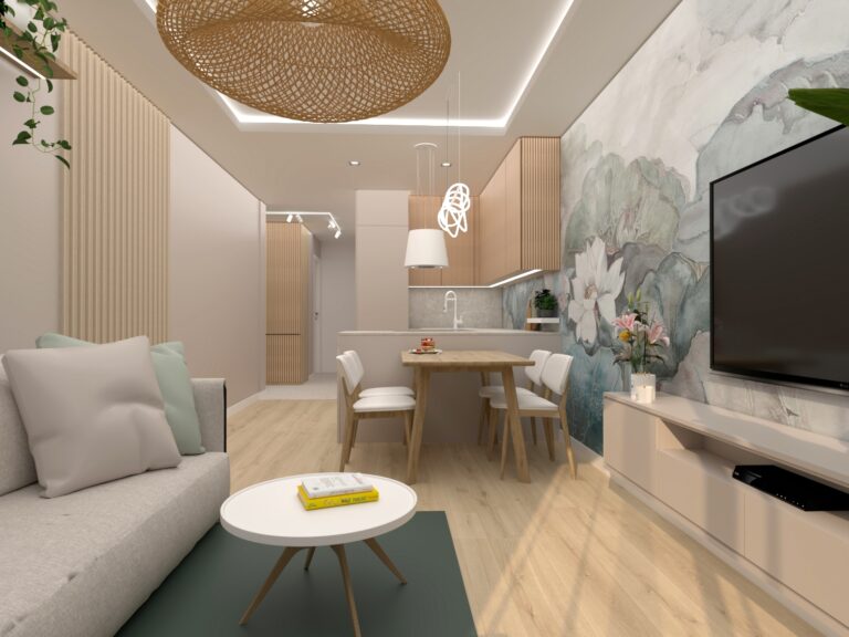 Salon z aneksem kuchennym i jadalnią w projekcie mieszkania inspirowanego naturą