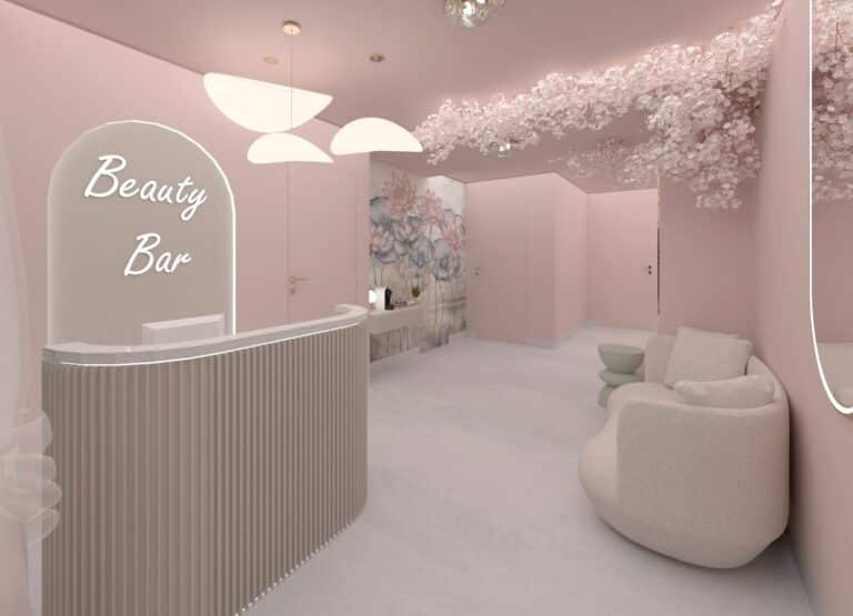 Instalacje kwiatowe na suficie różowego gabinetu kosmetycznego