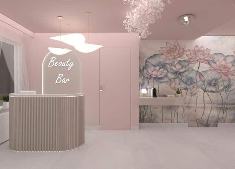 Kwiatowa tapeta na ścianie różowego gabinetu kosmetycznego