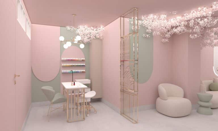 Strefa manicure różowego gabinetu kosmetycznego
