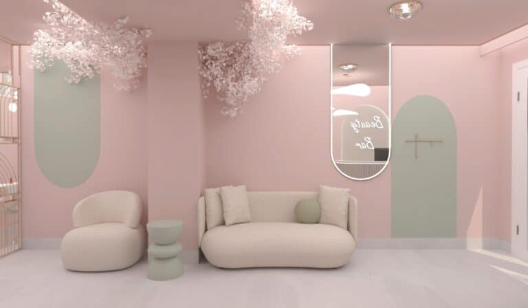 Sofa typu cloud w poczekalni różowego gabinetu kosmetycznego