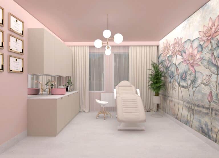 Gabinet zabiegowy z kaszmirowymi meblami w różowym salonie kosmetycznym