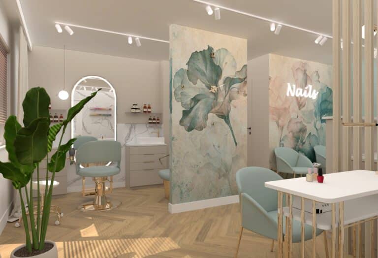 Zegar na ścianie z kwiatową tapetą w salonie kosmetycznym