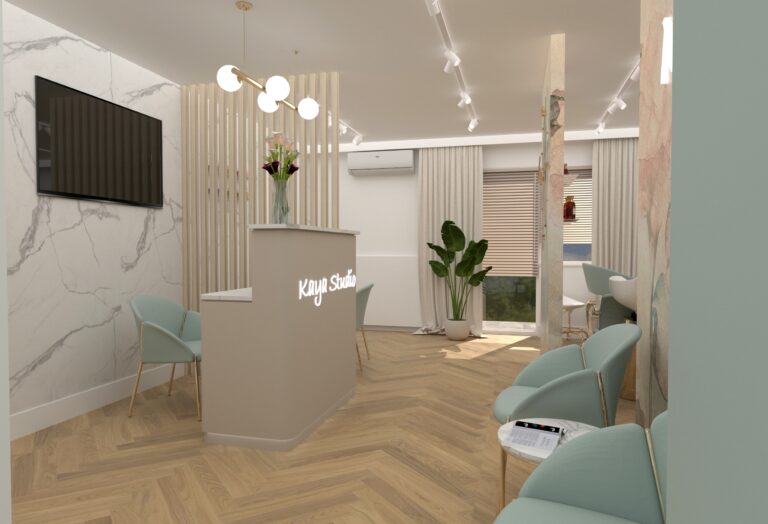 Recepcja ze ścianą działową z lameli w salonie kosmetycznym