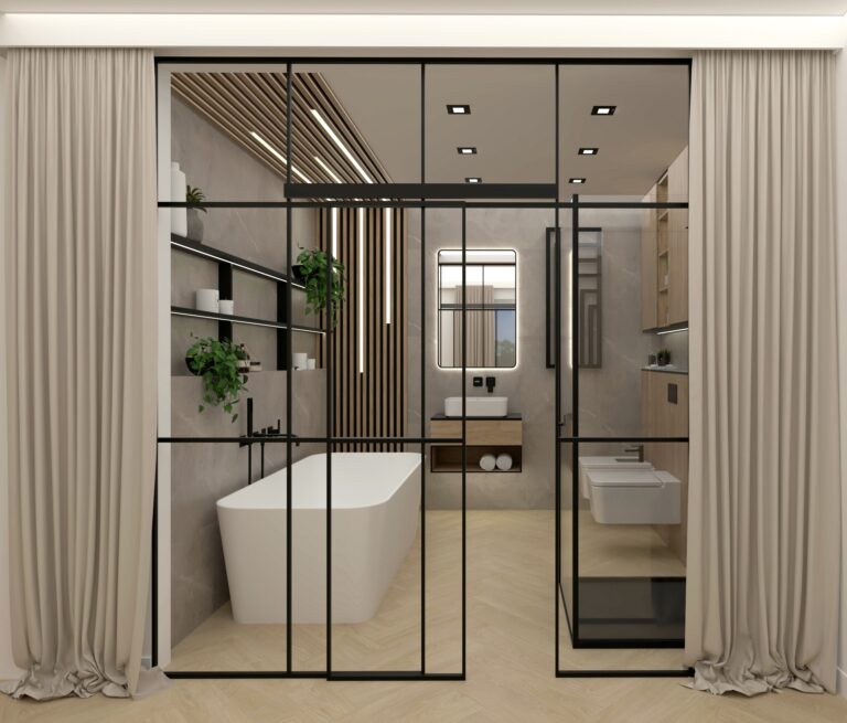 Szklana ściana w stylu loftowym w łazience