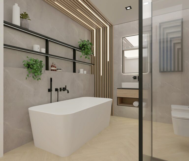 Lamele na ścianie i suficie w łazience